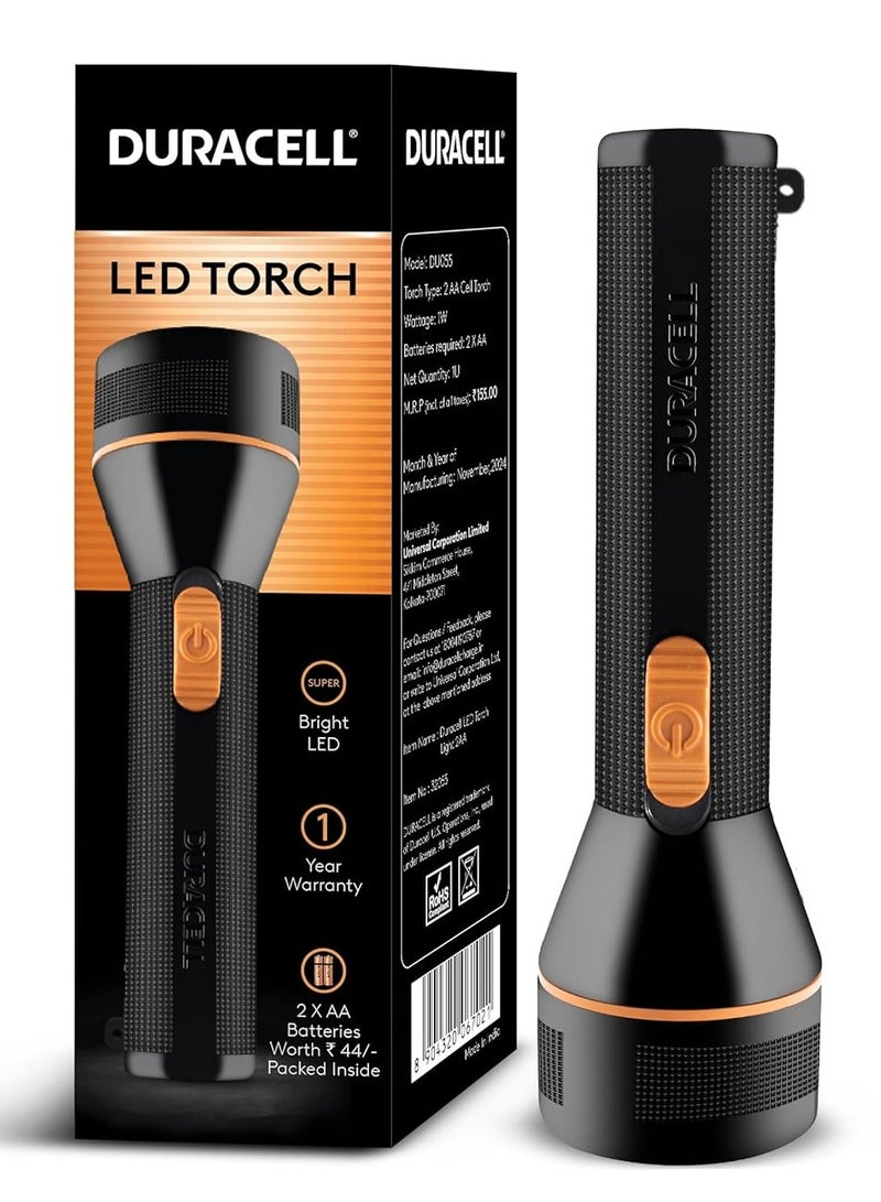 Duracell LED Torch Light, Super Bright, 6000 LUX, Ultra-Light and Easy to Carry Design, Large Reflector, for Everyday Use, 2AA Batteries Free, Black - Image 1